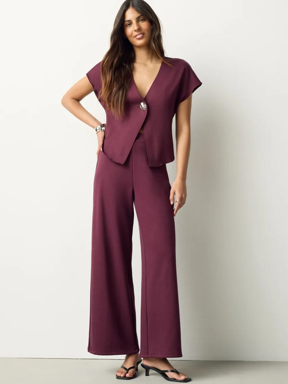 Bordeauxrood - Wide Leg Compact Trousers