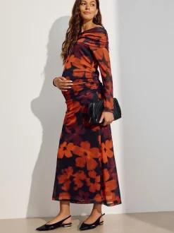 Bordeauxrood gebloemd - Maternity Mesh Bardot Dress