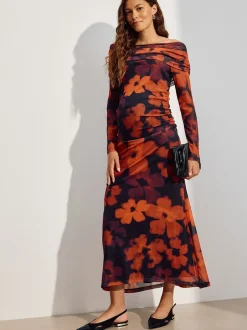 Bordeauxrood gebloemd - Maternity Mesh Bardot Dress