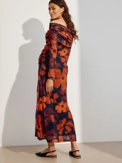 Bordeauxrood gebloemd - Maternity Mesh Bardot Dress