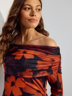 Bordeauxrood gebloemd - Maternity Mesh Bardot Dress