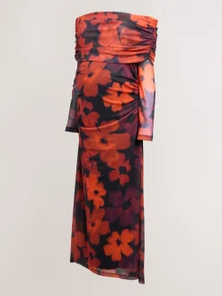 Bordeauxrood gebloemd - Maternity Mesh Bardot Dress