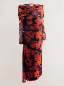 Bordeauxrood gebloemd - Maternity Mesh Bardot Dress