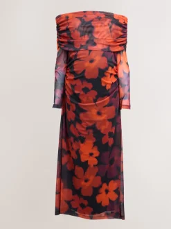 Bordeauxrood gebloemd - Maternity Mesh Bardot Dress