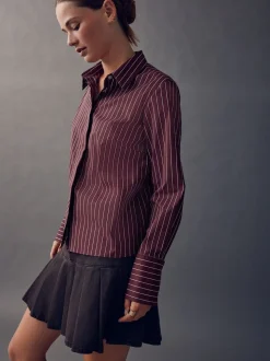 Bordeauxrood gestreept - Fitted Stretch Essential Long Sleeve Shirt