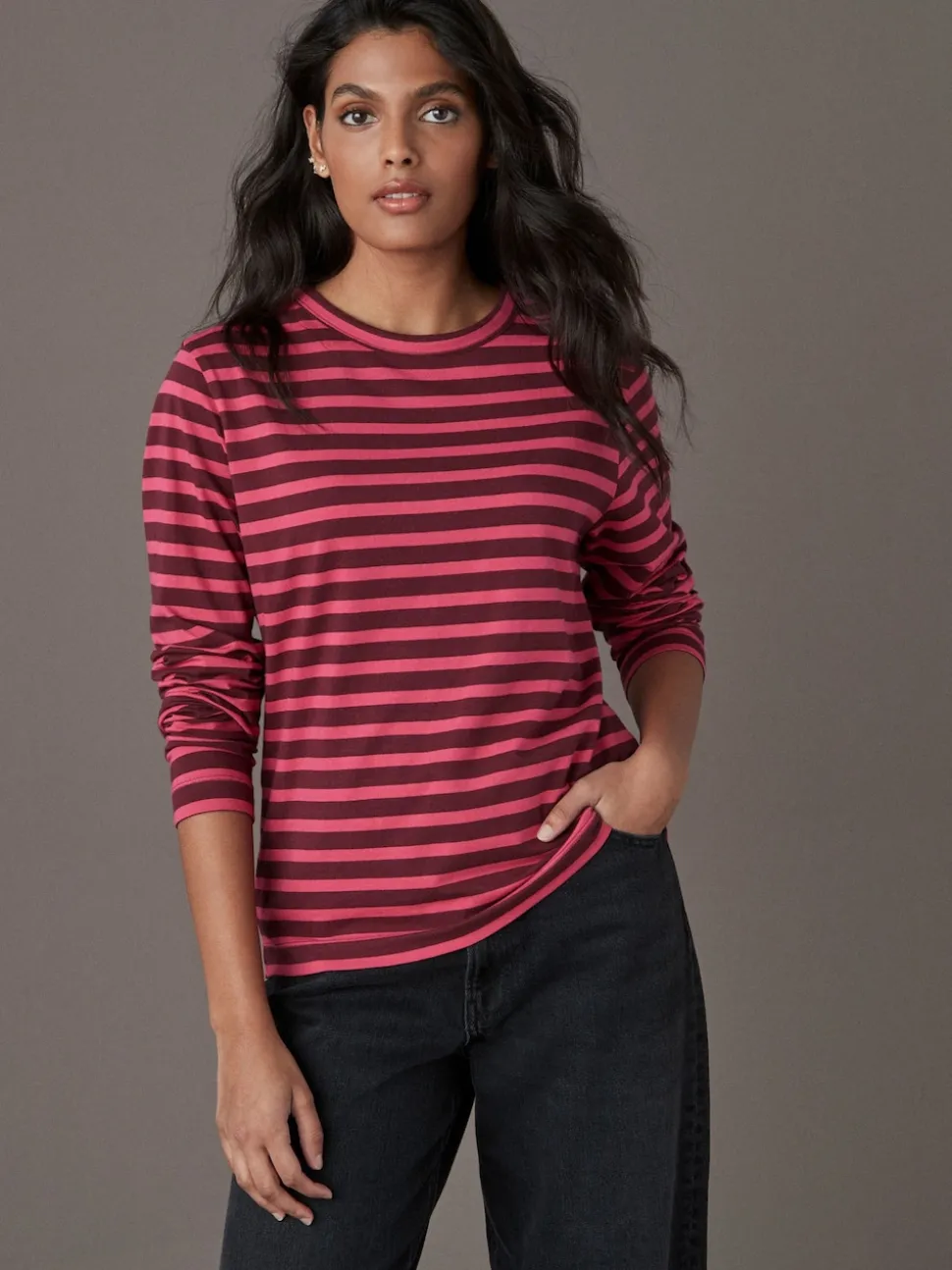 Bordeauxrood gestreept - T-shirt met lange mouwen en ronde hals