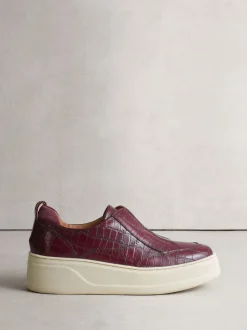 Bordeauxrood met krokodilleneffect - Signature leren sneakers met dikke plateauzolen en sleehak