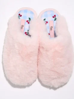 Boux Avenue Plush Cherry Embroidered Sole Mule Slippers