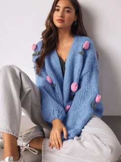 Bright Blue 3D Tulip - Zacht aanvoelend Grof gebreid vest