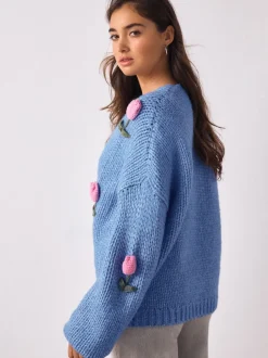 Bright Blue 3D Tulip - Zacht aanvoelend Grof gebreid vest