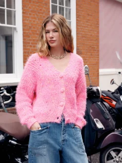 Bright Pink Neppy - Fuzzy Texture V-Neck Cardigan