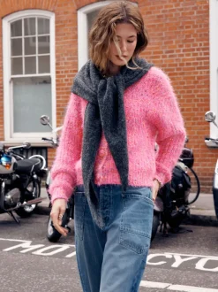 Bright Pink Neppy - Fuzzy Texture V-Neck Cardigan