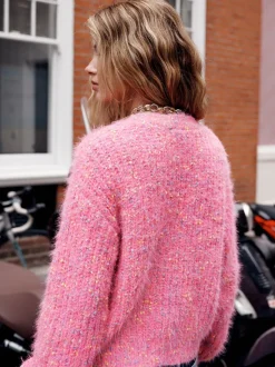 Bright Pink Neppy - Fuzzy Texture V-Neck Cardigan