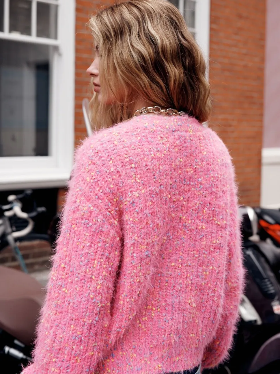 Bright Pink Neppy - Fuzzy Texture V-Neck Cardigan