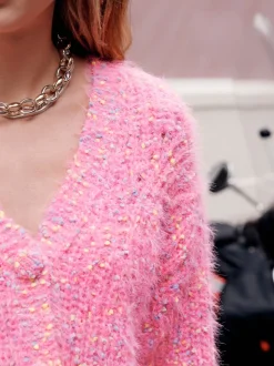 Bright Pink Neppy - Fuzzy Texture V-Neck Cardigan