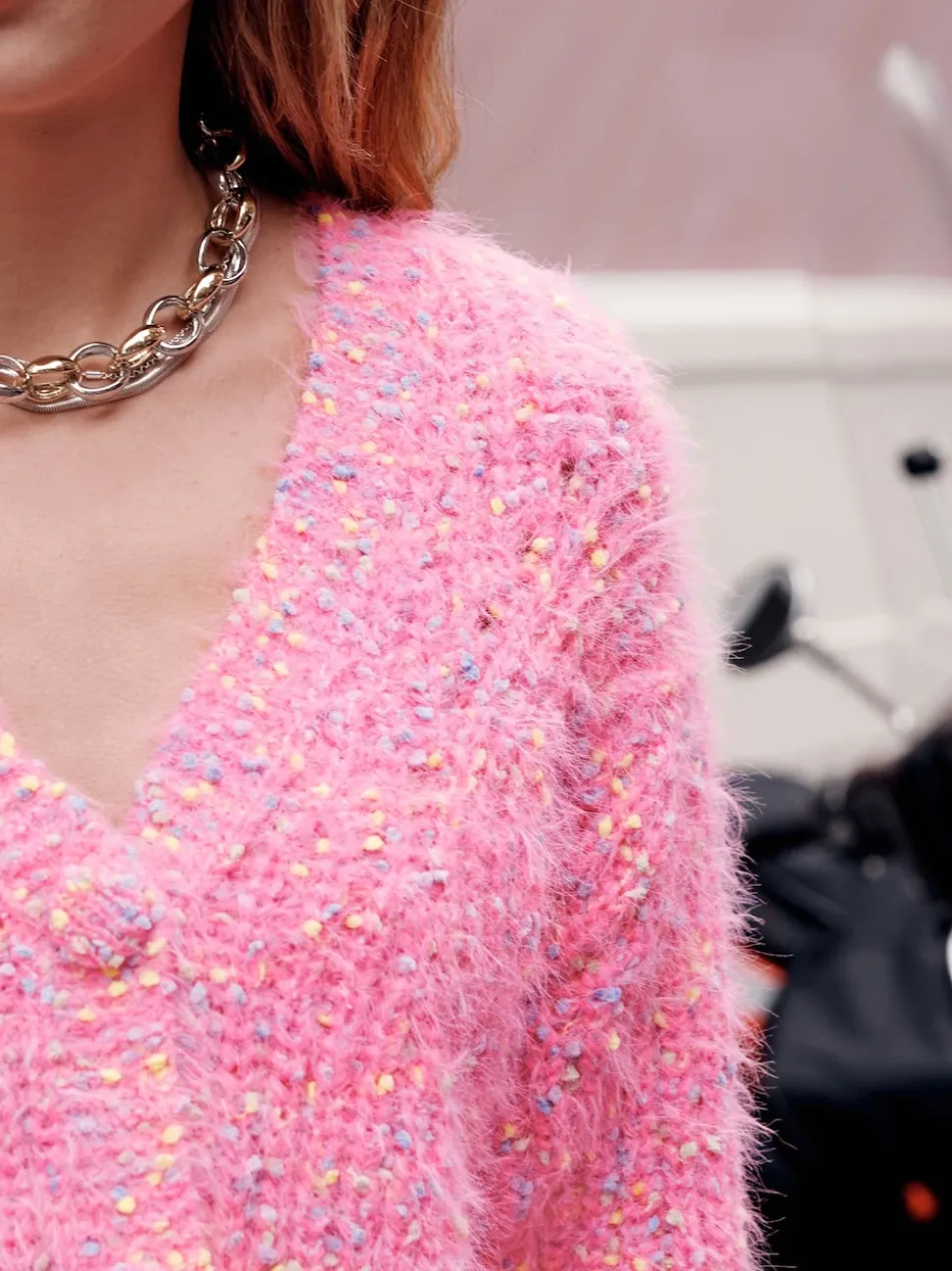Bright Pink Neppy - Fuzzy Texture V-Neck Cardigan