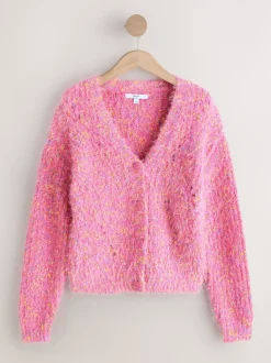 Bright Pink Neppy - Fuzzy Texture V-Neck Cardigan