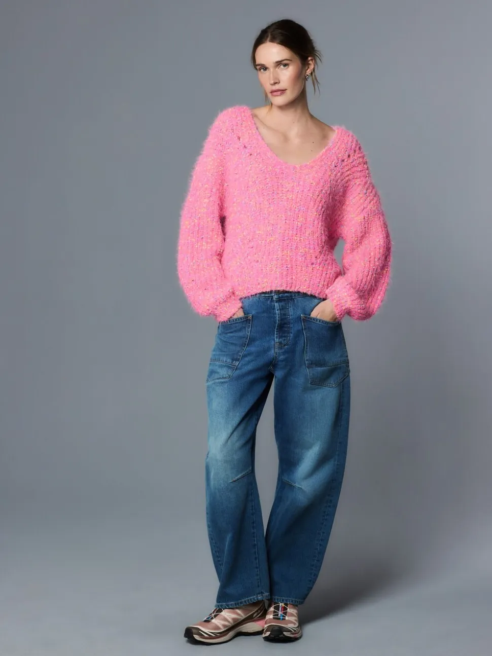 Bright Pink Neppy - Fuzzy Texture V-Neck Knitted Jumper