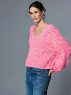 Bright Pink Neppy - Fuzzy Texture V-Neck Knitted Jumper
