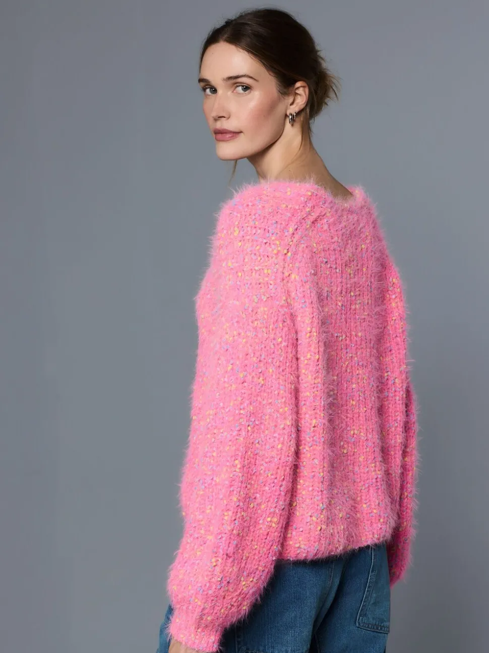 Bright Pink Neppy - Fuzzy Texture V-Neck Knitted Jumper