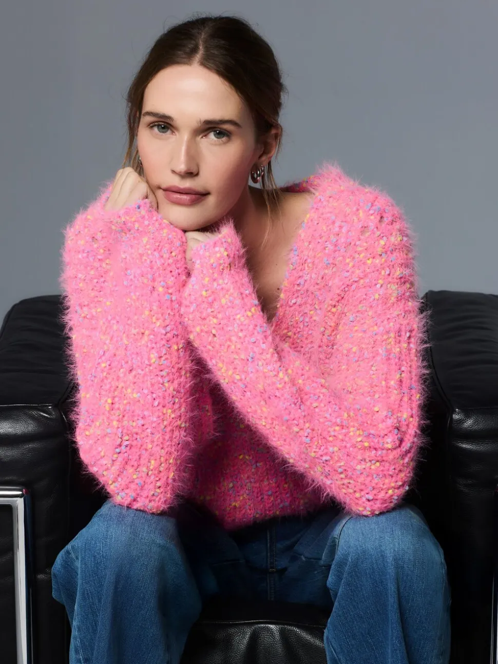 Bright Pink Neppy - Fuzzy Texture V-Neck Knitted Jumper