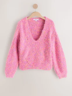 Bright Pink Neppy - Fuzzy Texture V-Neck Knitted Jumper