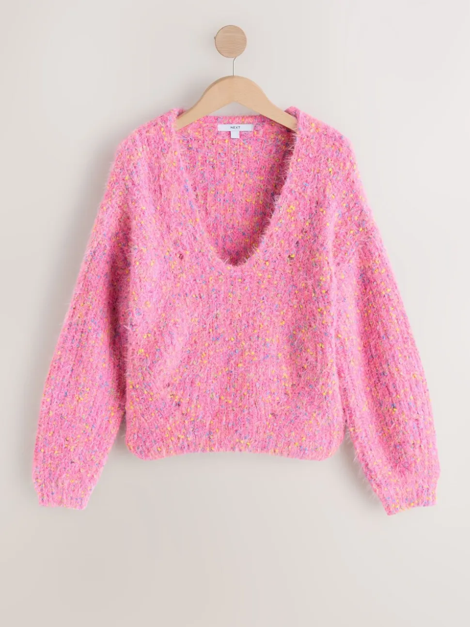 Bright Pink Neppy - Fuzzy Texture V-Neck Knitted Jumper