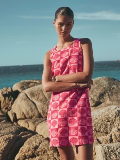 Bright Pink/ Red Shell Print - Mini-jurk met linnen en vierkante hals