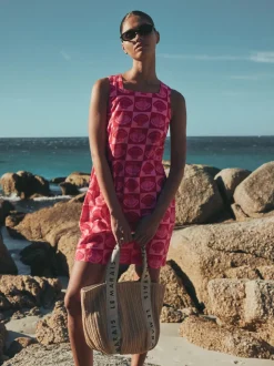 Bright Pink/ Red Shell Print - Mini-jurk met linnen en vierkante hals