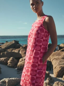 Bright Pink/ Red Shell Print - Mini-jurk met linnen en vierkante hals