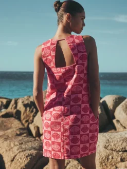 Bright Pink/ Red Shell Print - Mini-jurk met linnen en vierkante hals