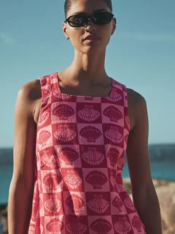 Bright Pink/ Red Shell Print - Mini-jurk met linnen en vierkante hals