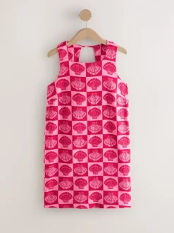 Bright Pink/ Red Shell Print - Mini-jurk met linnen en vierkante hals