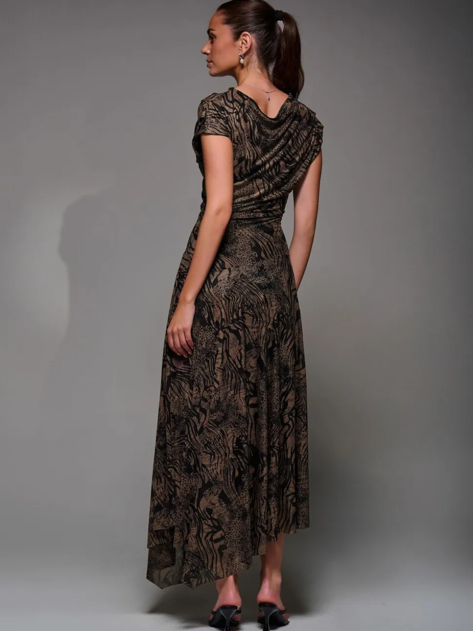 Bruin - Jolie Moi Asymmetrical Draped Slash Neck Midaxi Dress