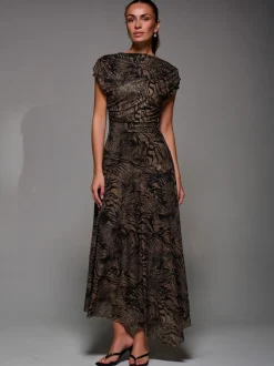Bruin - Jolie Moi Asymmetrical Draped Slash Neck Midaxi Dress