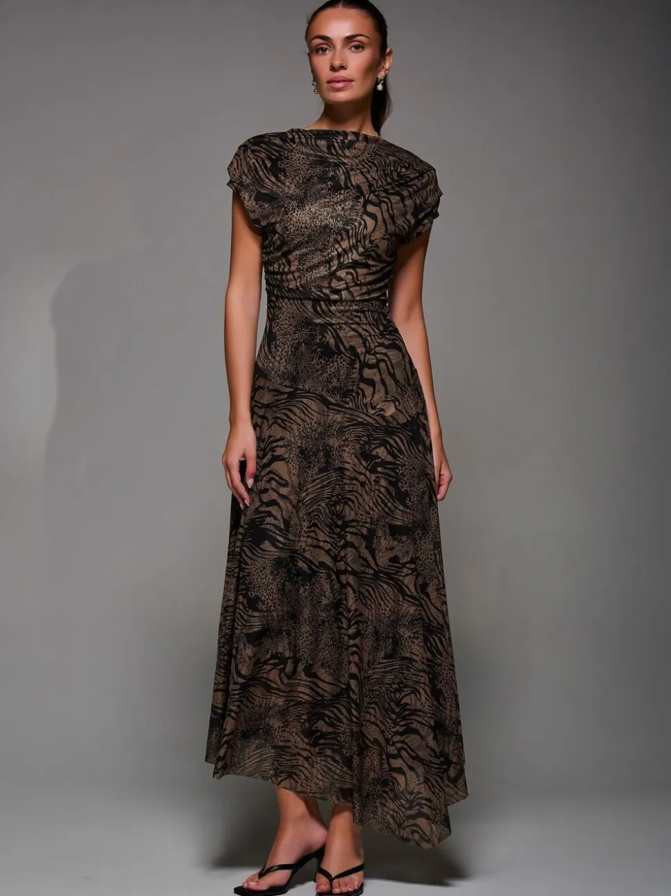 Bruin - Jolie Moi Asymmetrical Draped Slash Neck Midaxi Dress