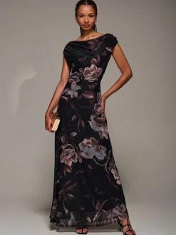 Bruin - Jolie Moi Asymmetric Neck Mesh Maxi Dress