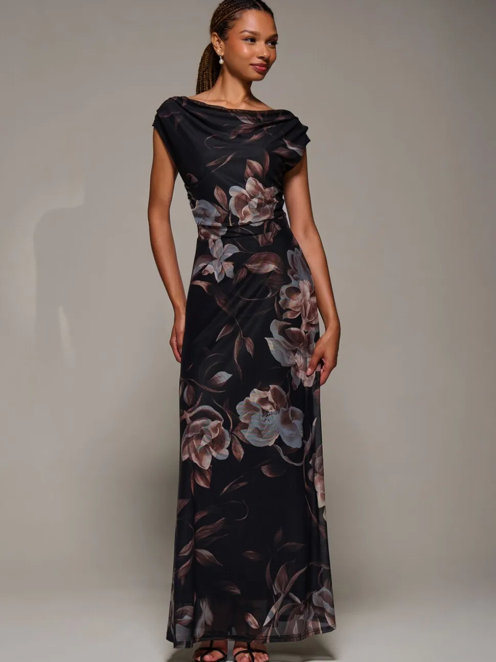 Bruin - Jolie Moi Asymmetric Neck Mesh Maxi Dress