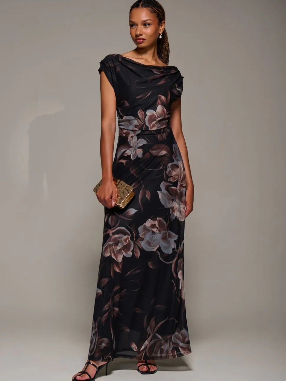 Bruin - Jolie Moi Asymmetric Neck Mesh Maxi Dress
