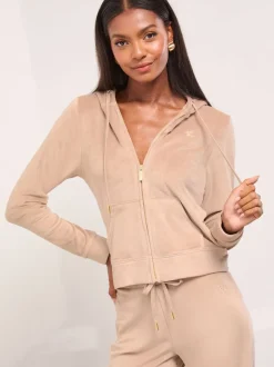 Bruin - Lipsy - Geborduurde velours hoodie met rits