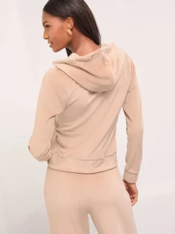 Bruin - Lipsy - Geborduurde velours hoodie met rits