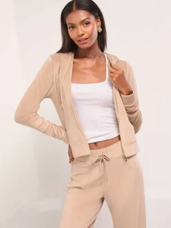 Bruin - Lipsy - Geborduurde velours hoodie met rits