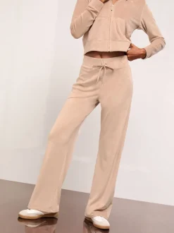 Bruin - Lipsy Geborduurde Velours Joggingbroek met Wijde Pijpen en Relaxte Pasvorm