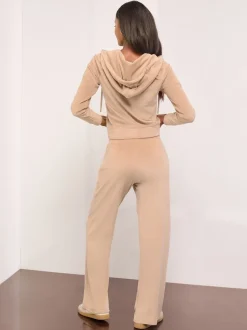 Bruin - Lipsy Geborduurde Velours Joggingbroek met Wijde Pijpen en Relaxte Pasvorm