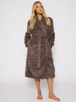 Bruin - Loungeable Bubble Cut Fleece Shawl Collar Midi Dressing Gown