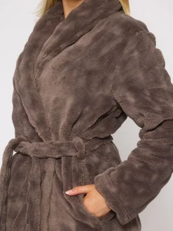 Bruin - Loungeable Bubble Cut Fleece Shawl Collar Midi Dressing Gown