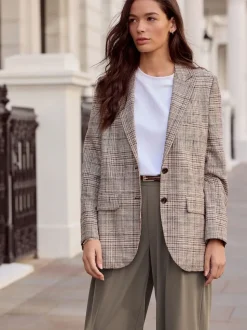Bruin - N.Premium Check Linen Rich Single Breasted Blazer