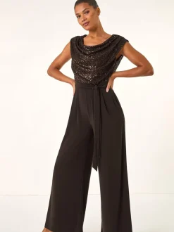 Bruin - Roman Paillettenlijfje met Watervalhals Jumpsuit