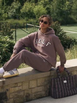 Bruin - Self. joggingbroek met boorden