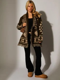 Bruin - South Beach Jacquard Wasit Tie Knitted Fringe Cardigan